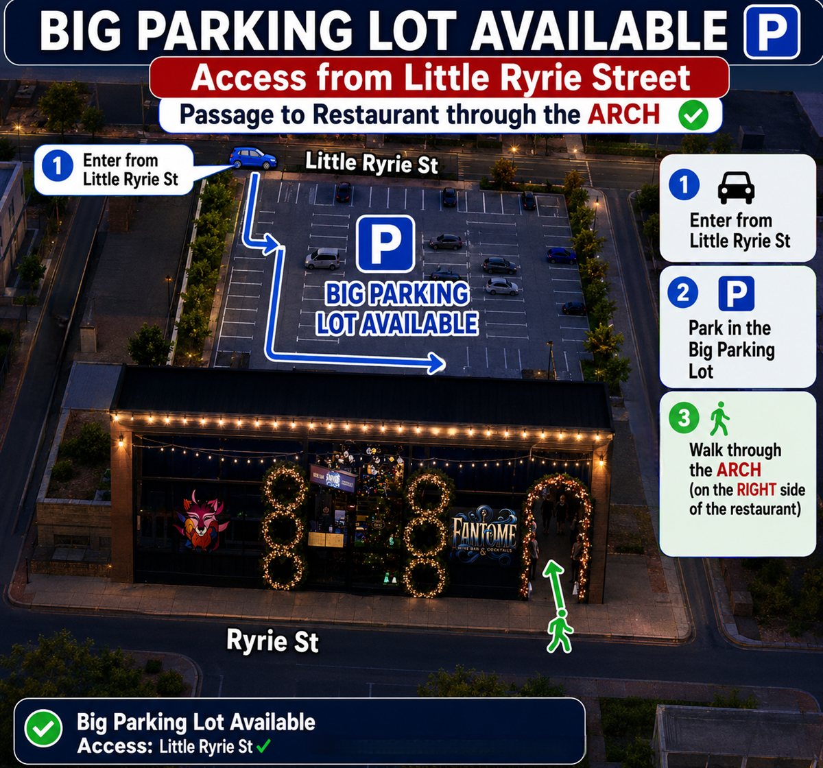 Parking directions — enter from Little Ryrie Street, walk through the arch